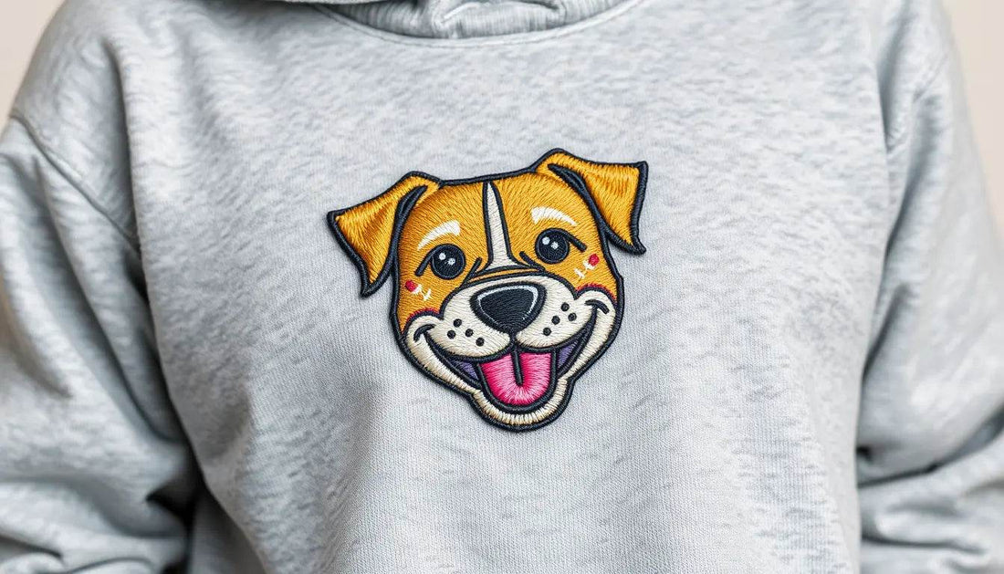 Gray sweatshirt with embroidered happy dog face showcasing pet's personality