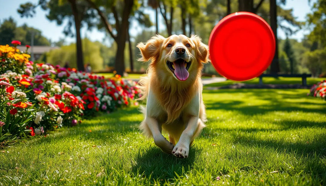 Happy golden retriever running to catch a red frisbee in a sunny garden filled with colorful flowers, showcasing dogs as truly remarkable creatures.