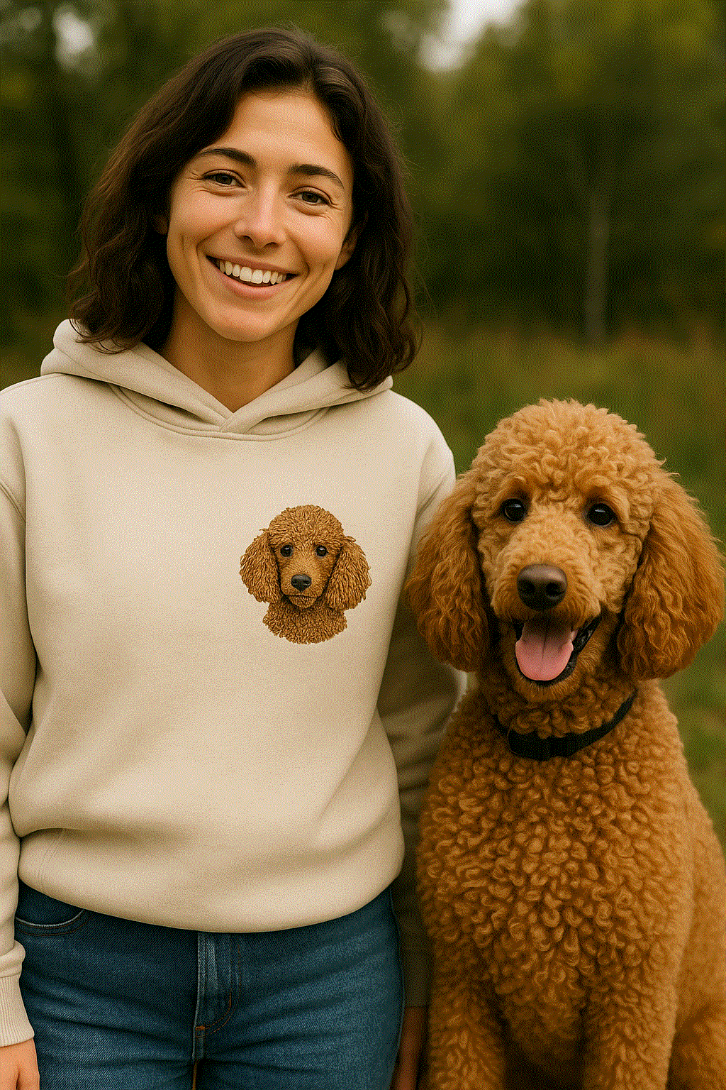 Woman wearing Pawlogo Personalized Embroidered Hoodies Poodle hoodie outdoors with her dog unique gifts for dog lovers USA Canada
