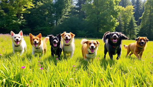 Group of happy dogs running together in a sunlit grassy field with trees in the background, symbolizing love for canines and inspiration for quiet fashion hoodies.