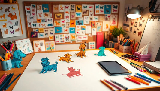 Creative pet logo designer workspace with colorful dog illustrations and design tools