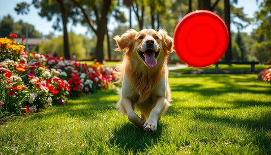 Happy golden retriever running to catch a red frisbee in a sunny garden filled with colorful flowers, showcasing dogs as truly remarkable creatures.