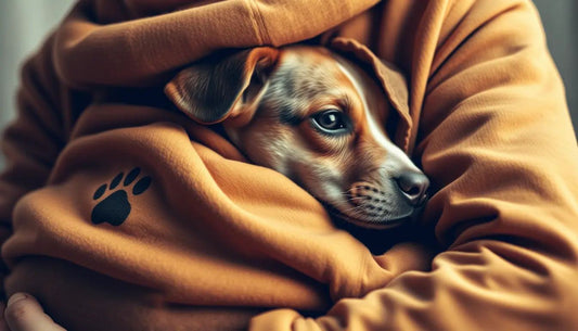 Close-up of a small rescue dog nestled comfortably in a cozy orange hoodie with a black paw print, symbolizing love and support for rescue dogs.