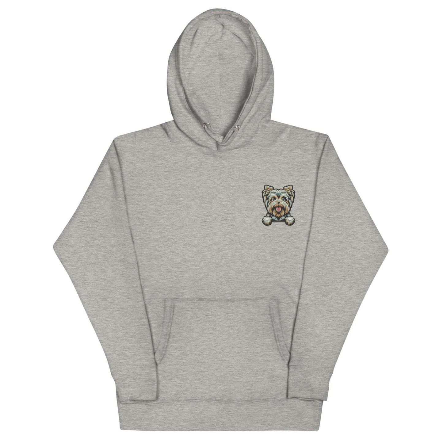 Gray unisex hoodie with embroidered Yorkshire Terrier dog design and front pouch pocket, soft cotton blend fabric Yorkie hoodie