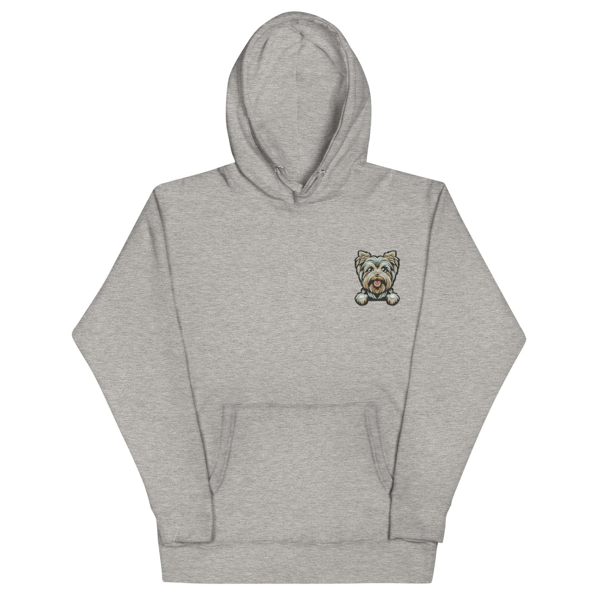 Gray unisex hoodie with embroidered Yorkshire Terrier dog design and front pouch pocket, soft cotton blend fabric Yorkie hoodie