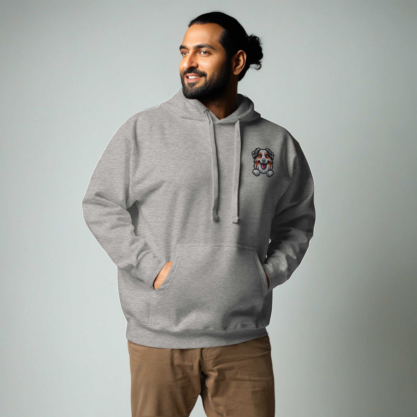 Australian Shepherd Dog Embroidery Premium Unisex Hoodie - Grey