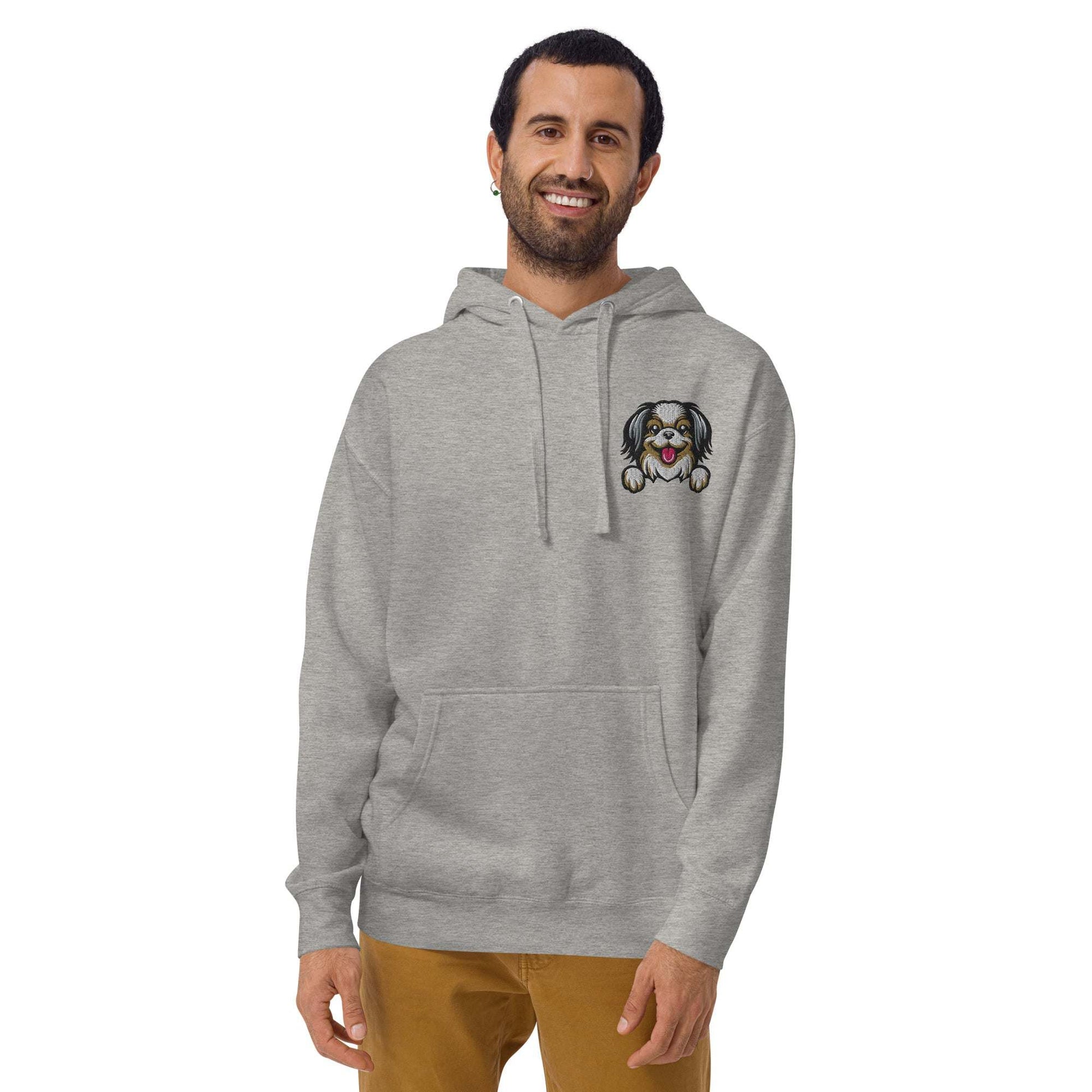Unisex grey hoodie with detailed Japanese Chin dog embroidery on chest and pouch pocket