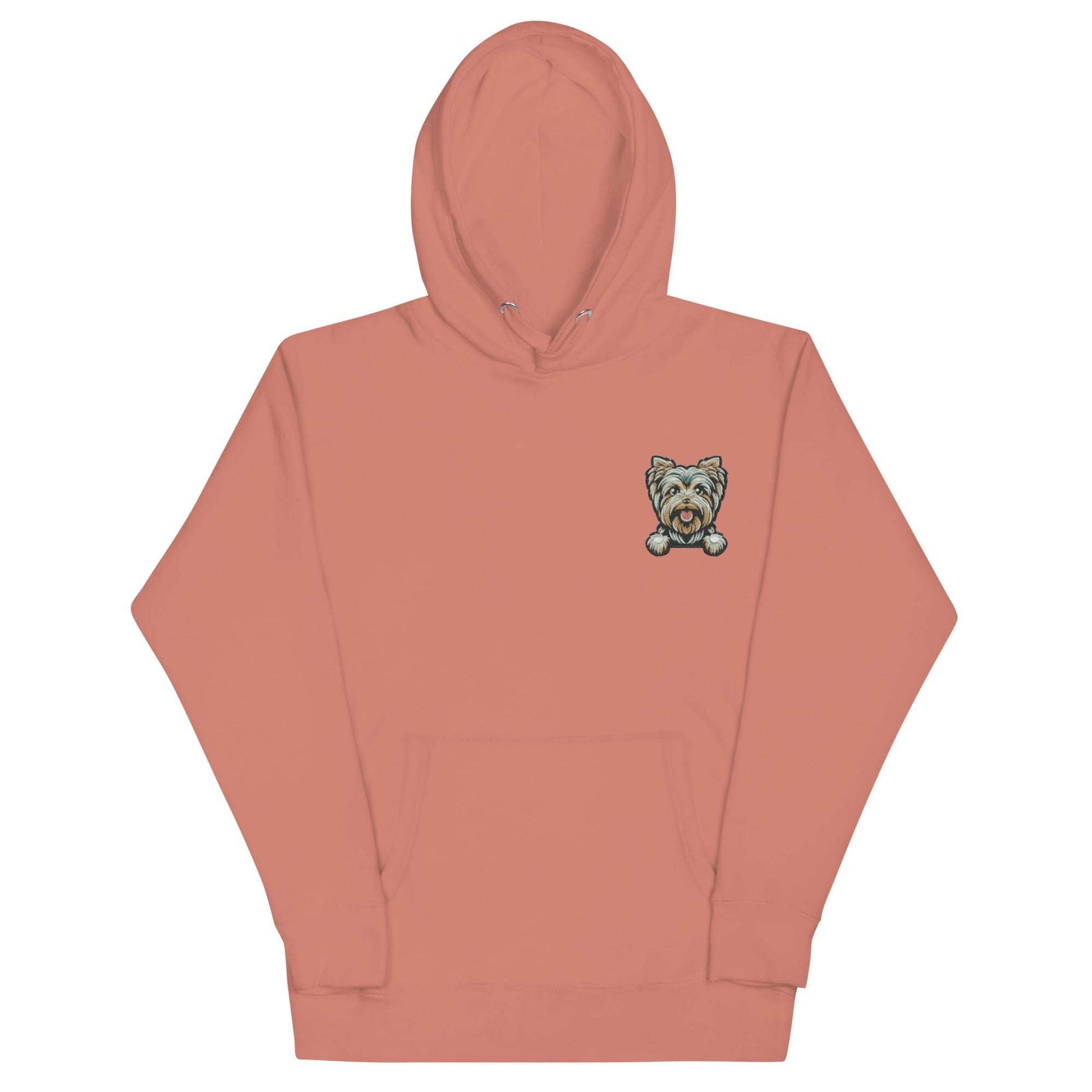 Unisex soft cotton hoodie in dusty rose with embroidered Yorkshire Terrier design and front pouch pocket.