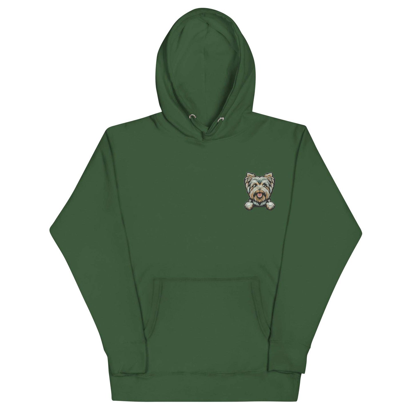 Green unisex hoodie with Yorkshire Terrier dog embroidery and front pouch pocket.
