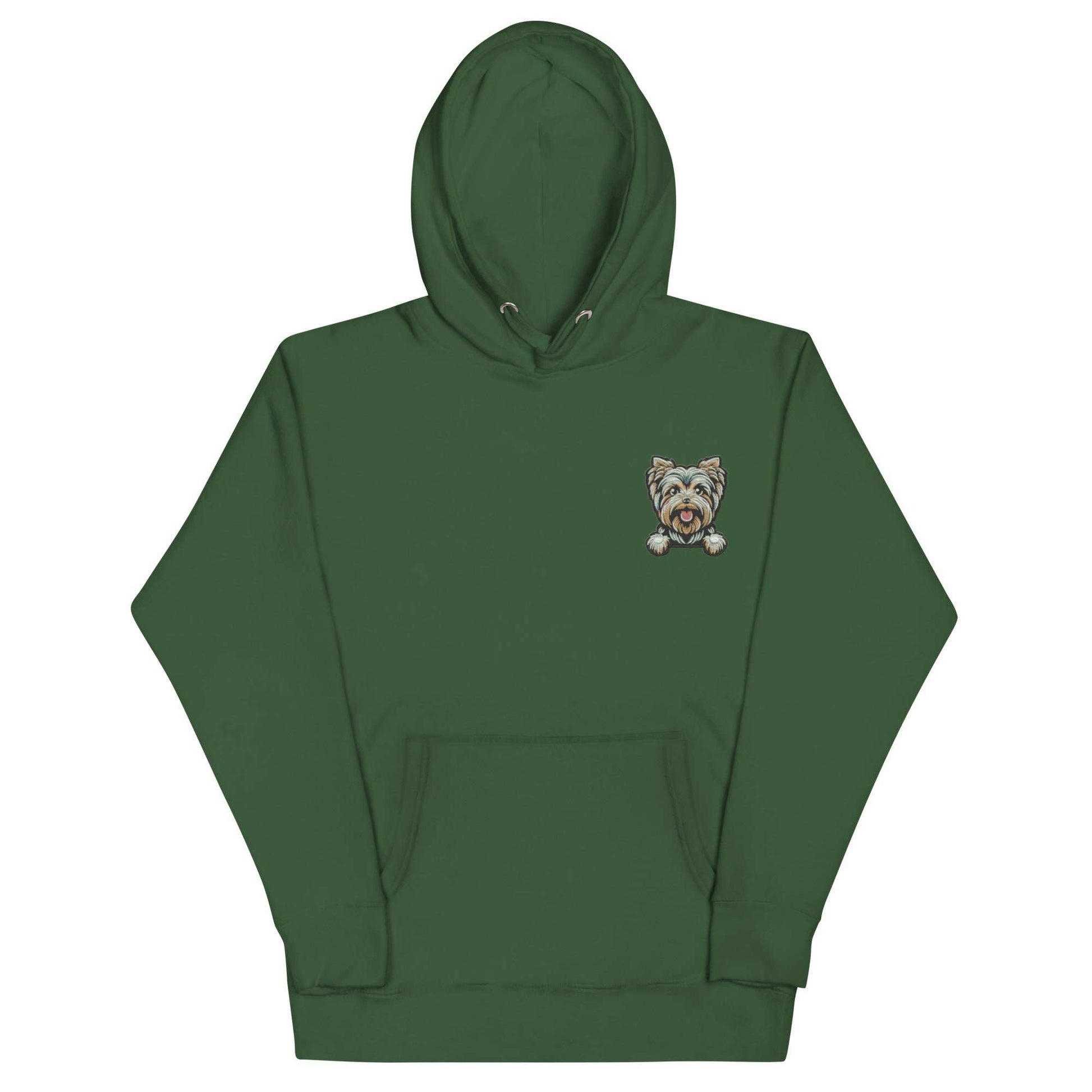 Green unisex hoodie with Yorkshire Terrier dog embroidery and front pouch pocket.