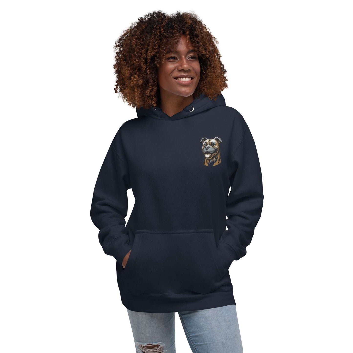 Woman wearing navy blue Pitbull hoodie with embroidered dog design and front pouch pocket