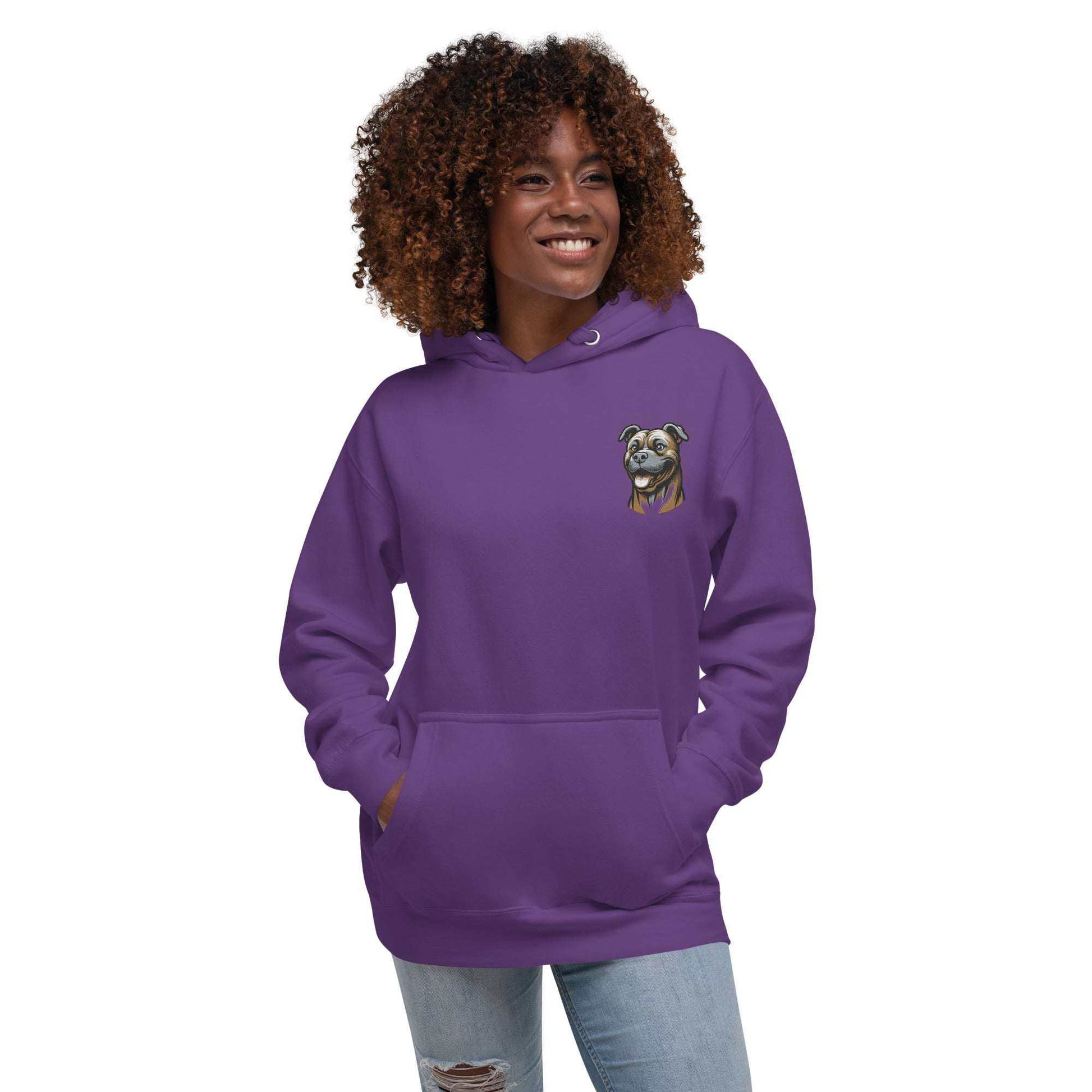 Purple unisex hoodie with embroidered pitbull dog design, front pouch pocket, and warm hood.