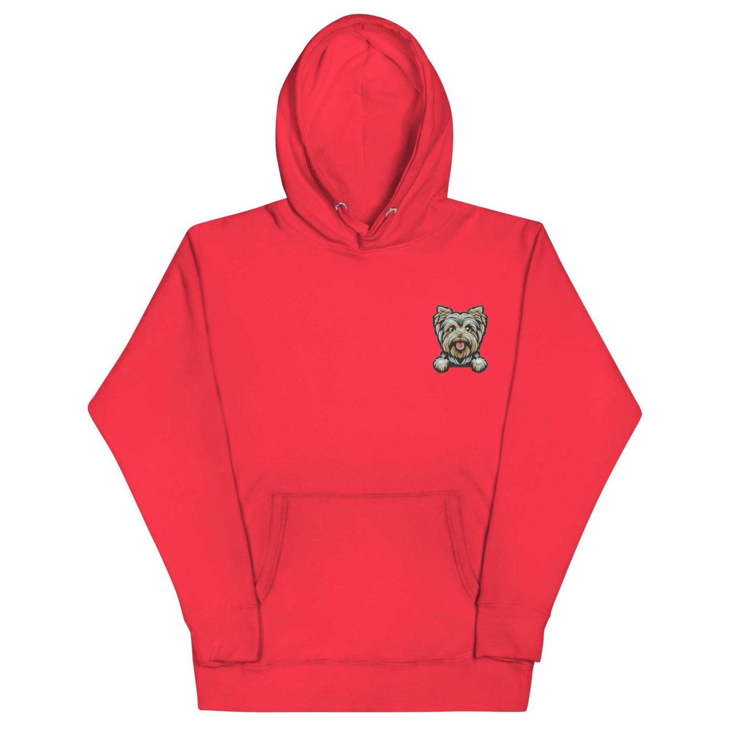 Red unisex hoodie with embroidered Yorkshire Terrier dog design and front pouch pocket.