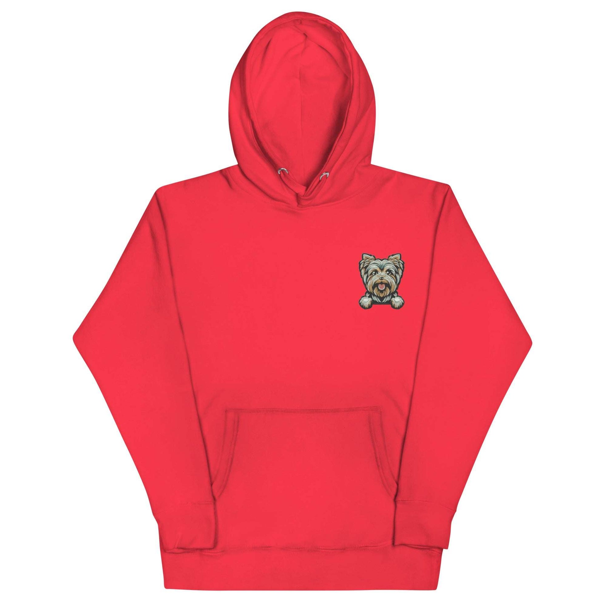Red unisex hoodie with embroidered Yorkshire Terrier dog design and front pouch pocket.