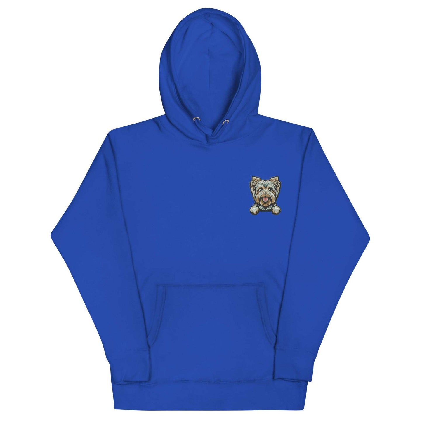 Blue unisex hoodie with embroidered Yorkshire Terrier dog design and front pouch pocket, made of cotton blend fabric.