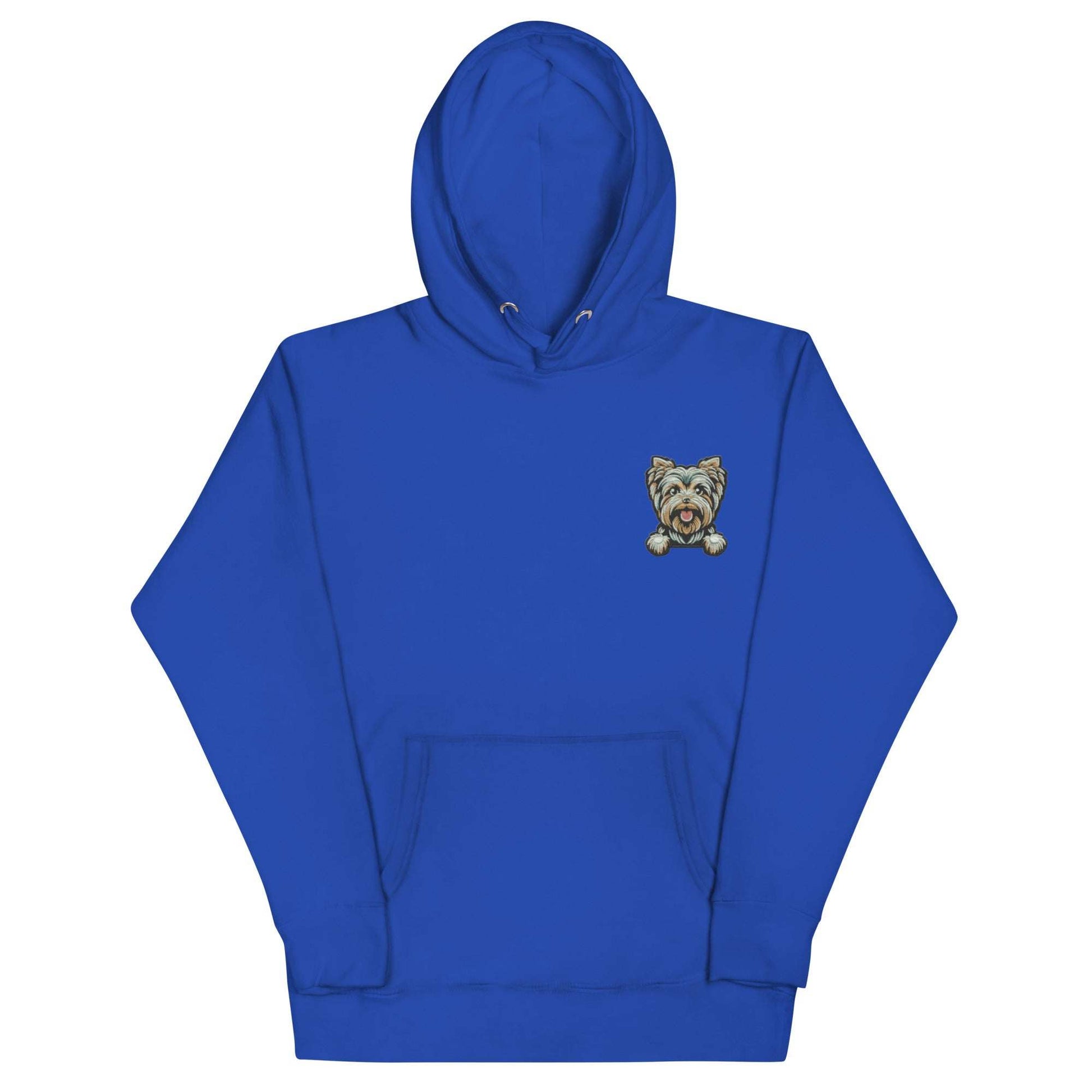 Blue unisex hoodie with embroidered Yorkshire Terrier dog design and front pouch pocket, made of cotton blend fabric.