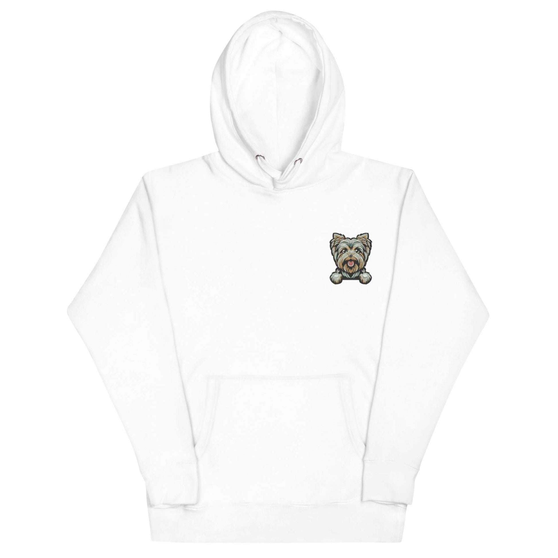White unisex hoodie featuring embroidered Yorkshire Terrier dog design and front pouch pocket.