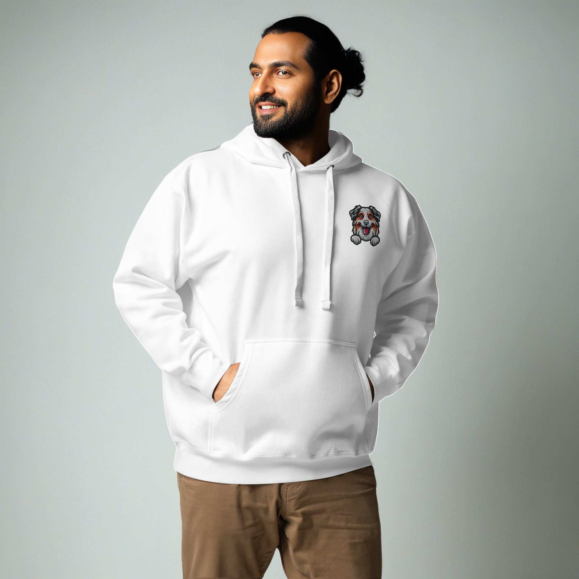 Australian Shepherd Dog Embroidery Premium Unisex Hoodie - White