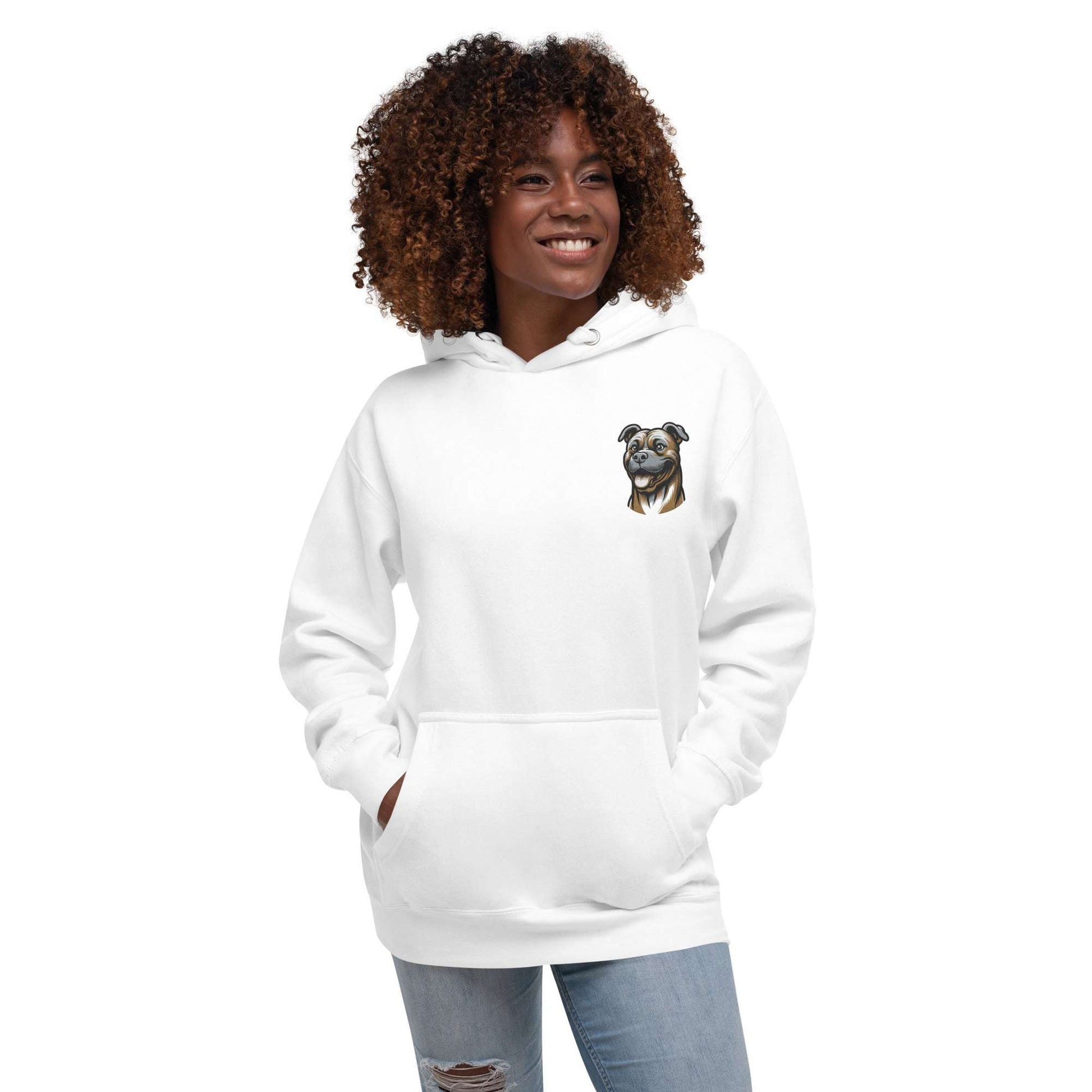 Woman wearing white unisex Pitbull dog embroidery hoodie with front pouch pocket and hood