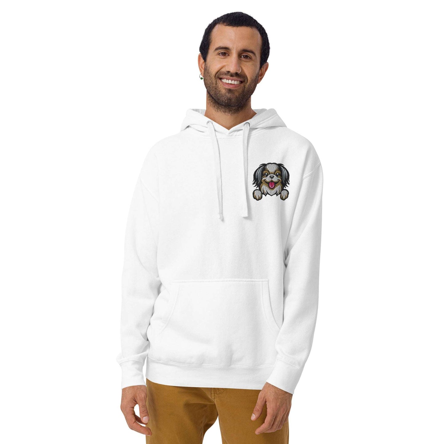 White premium unisex hoodie with detailed Japanese Chin dog embroidery on chest, soft cotton blend, front pouch pocket.