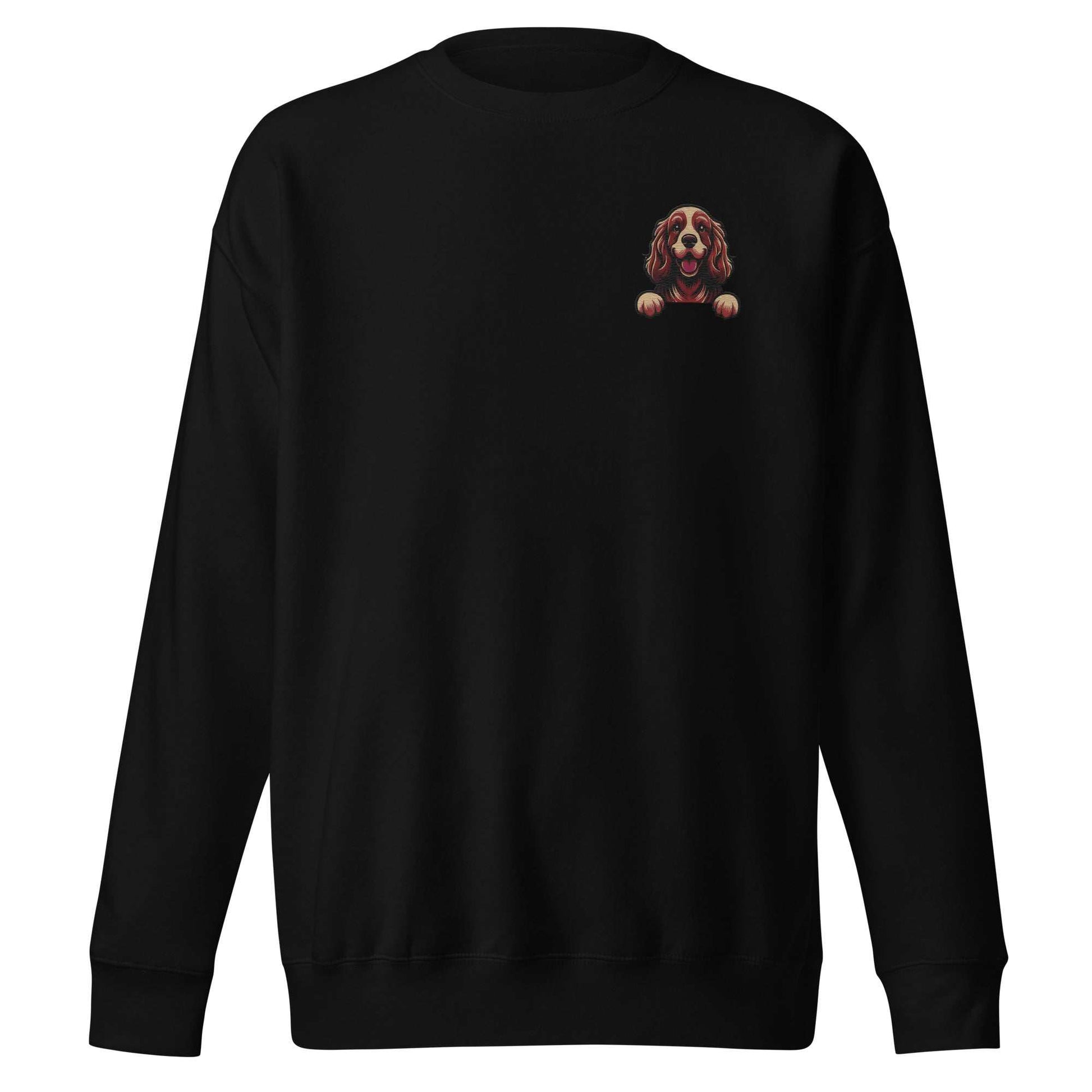 Black unisex sweatshirt with embroidered Cocker Spaniel dog design on front chest