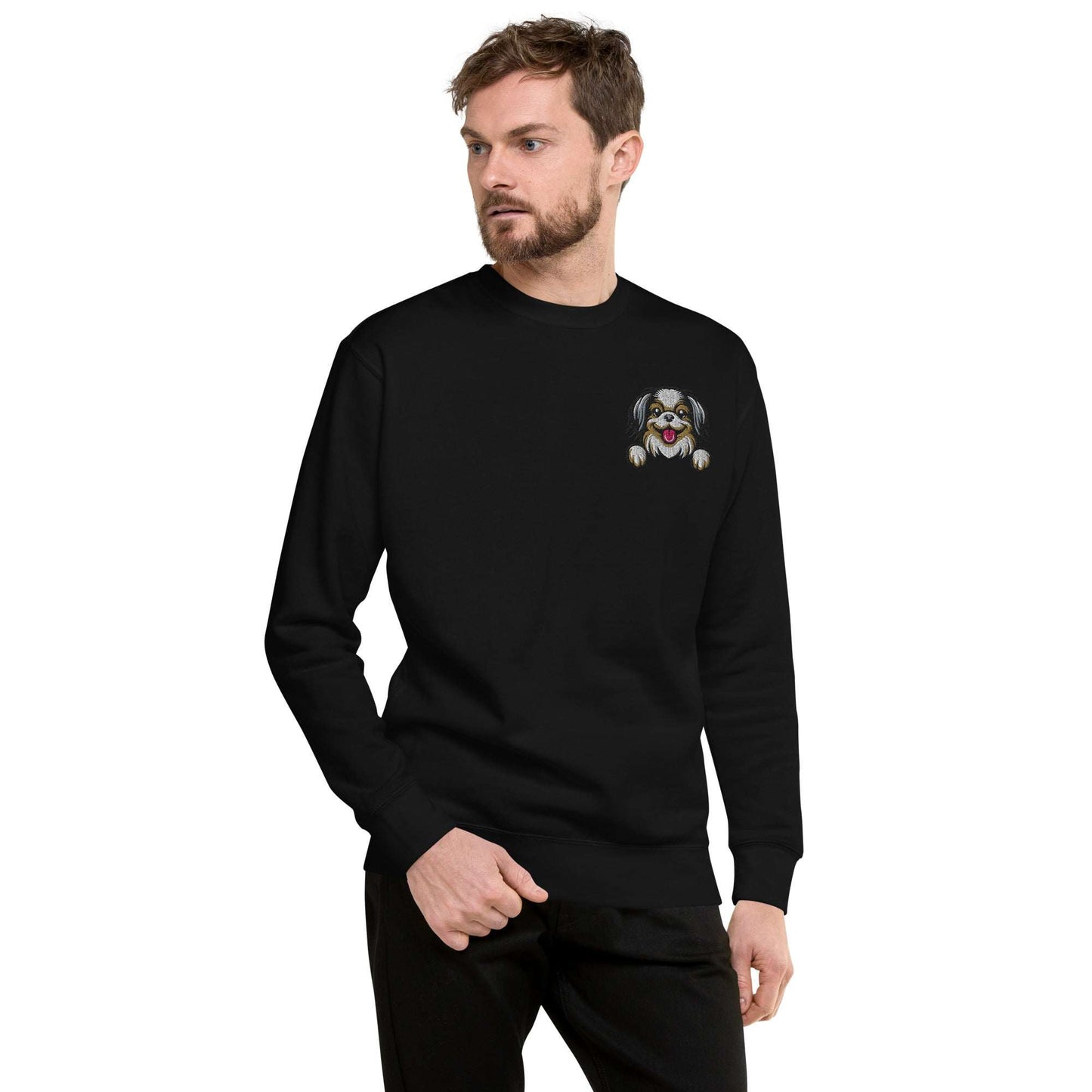 Unisex black premium sweatshirt with detailed Japanese Chin dog embroidery on chest, soft fabric and classic crew neck design.