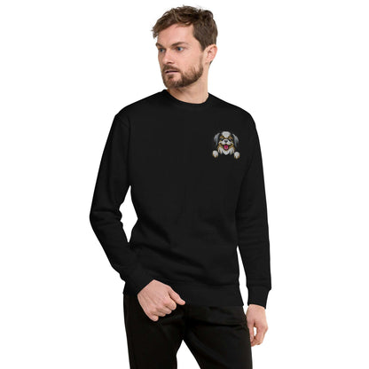 Unisex black premium sweatshirt with detailed Japanese Chin dog embroidery on chest, soft fabric and classic crew neck design.