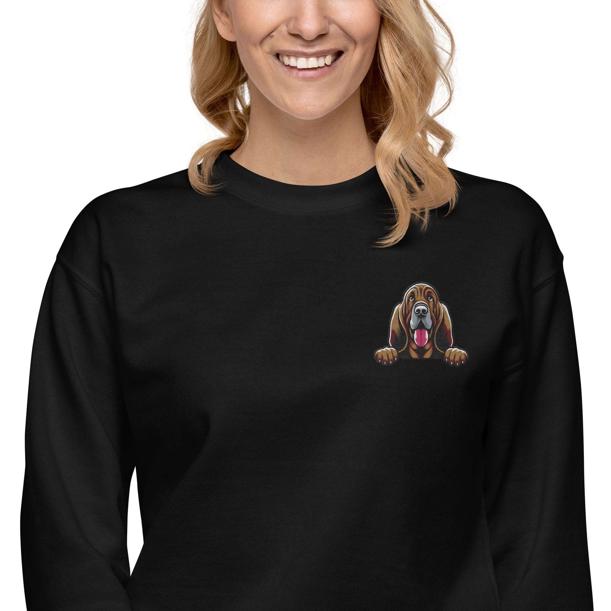 Unisex black sweatshirt with embroidered Bloodhound dog design on chest, made of soft cotton-polyester blend fabric.