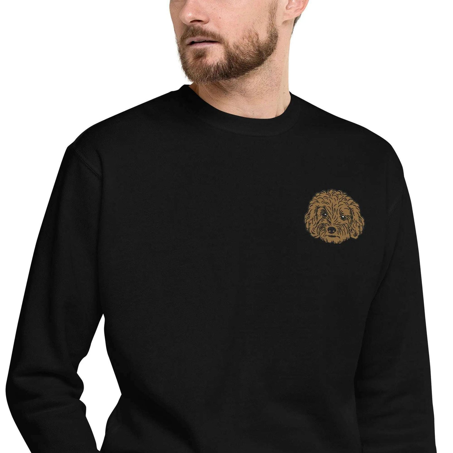 Unisex black sweatshirt with detailed brown poodle embroidery on chest, made of soft cotton-polyester blend fabric.