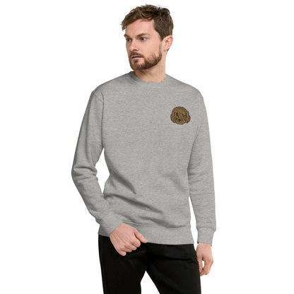 Unisex grey sweatshirt with detailed brown poodle embroidery on chest, featuring soft fabric and classic crew neck design.