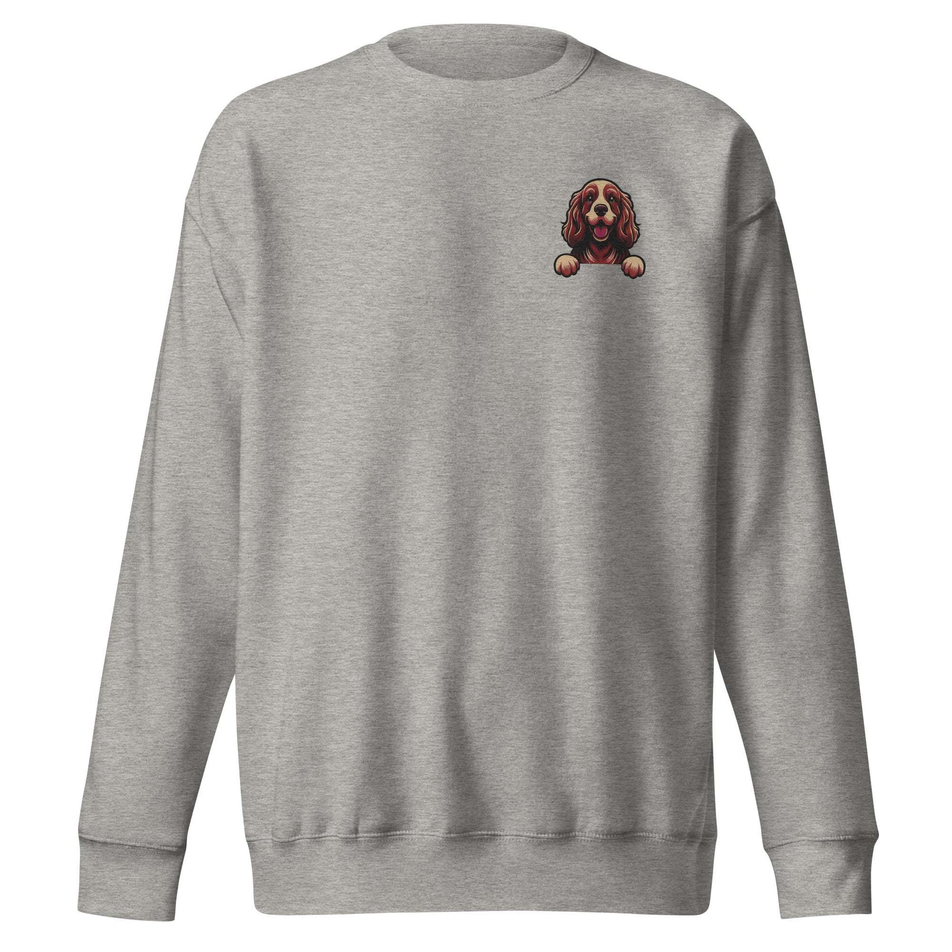 Grey unisex sweatshirt with embroidered Cocker Spaniel dog design on chest, made of soft cotton-polyester blend.
