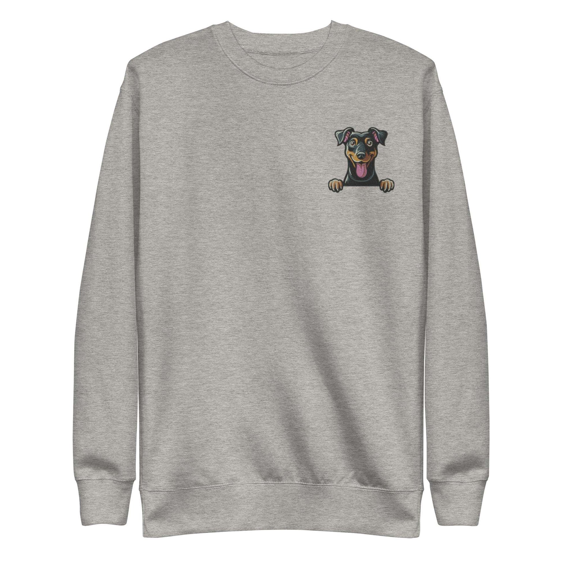 Grey unisex sweatshirt with embroidered Manchester Terrier dog design on chest, made from soft cotton-polyester blend.