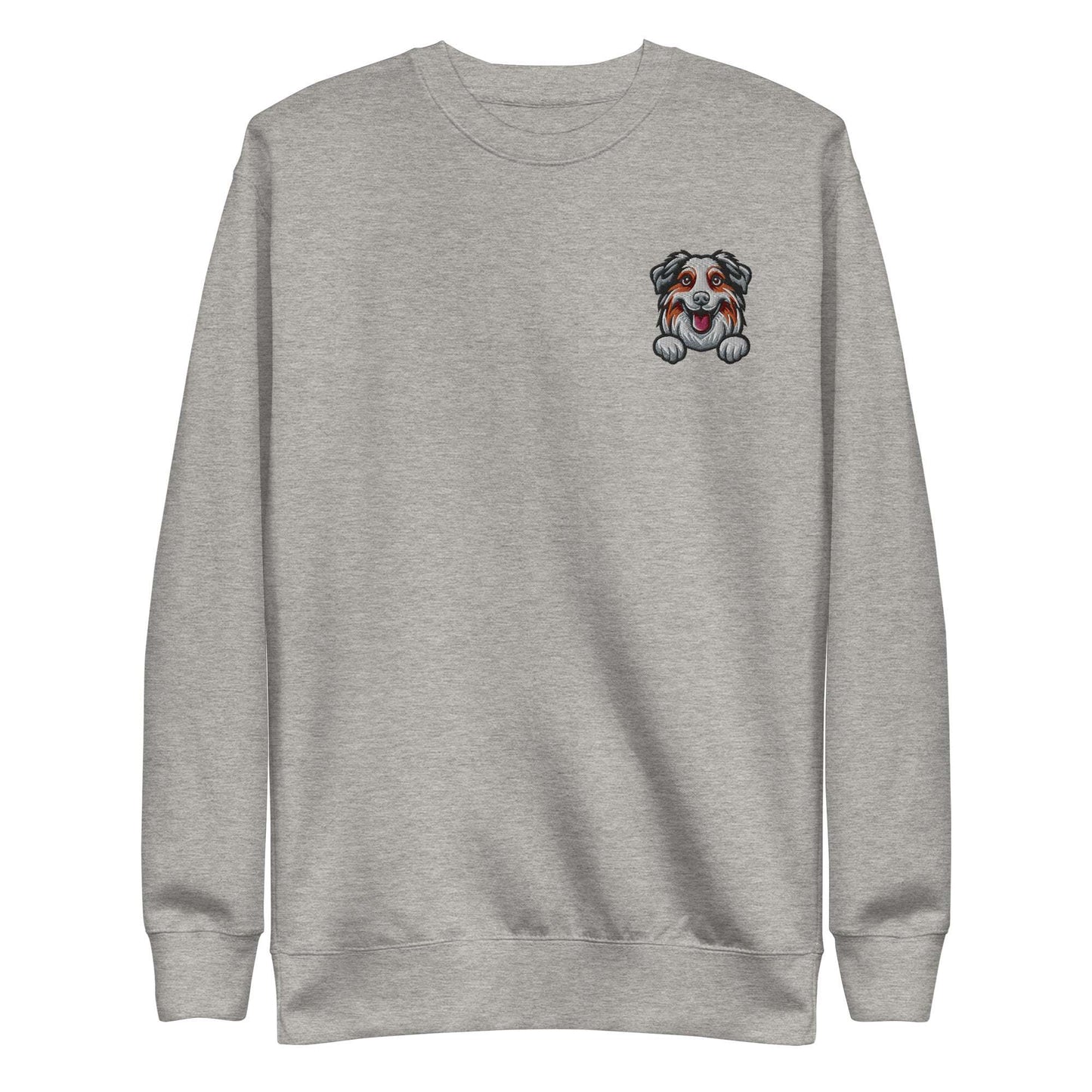 Grey unisex sweatshirt with embroidered Australian Shepherd dog face on chest, made of soft cotton-polyester blend fabric.