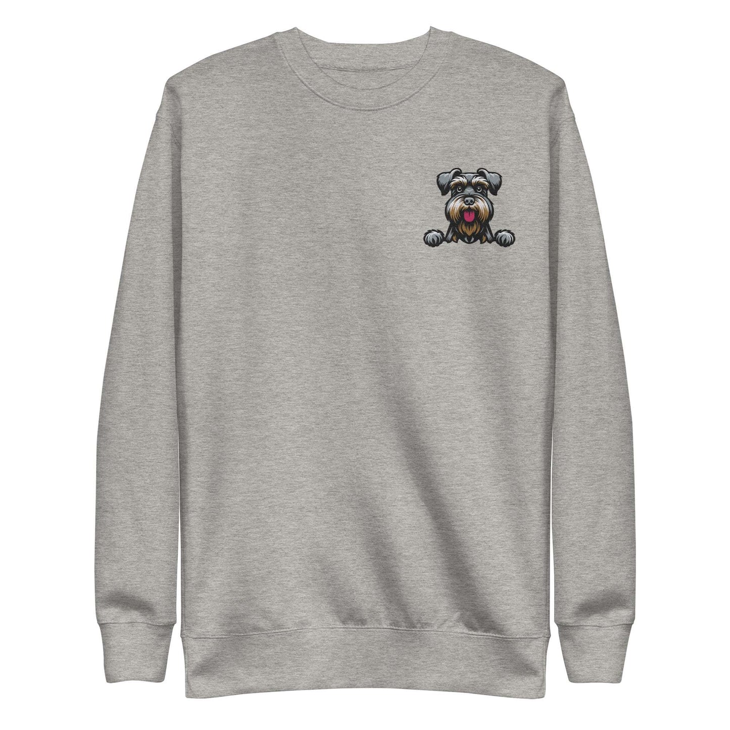 Gray unisex sweatshirt with small embroidered Schnauzer dog design on chest, soft fabric, and ribbed crew neck.