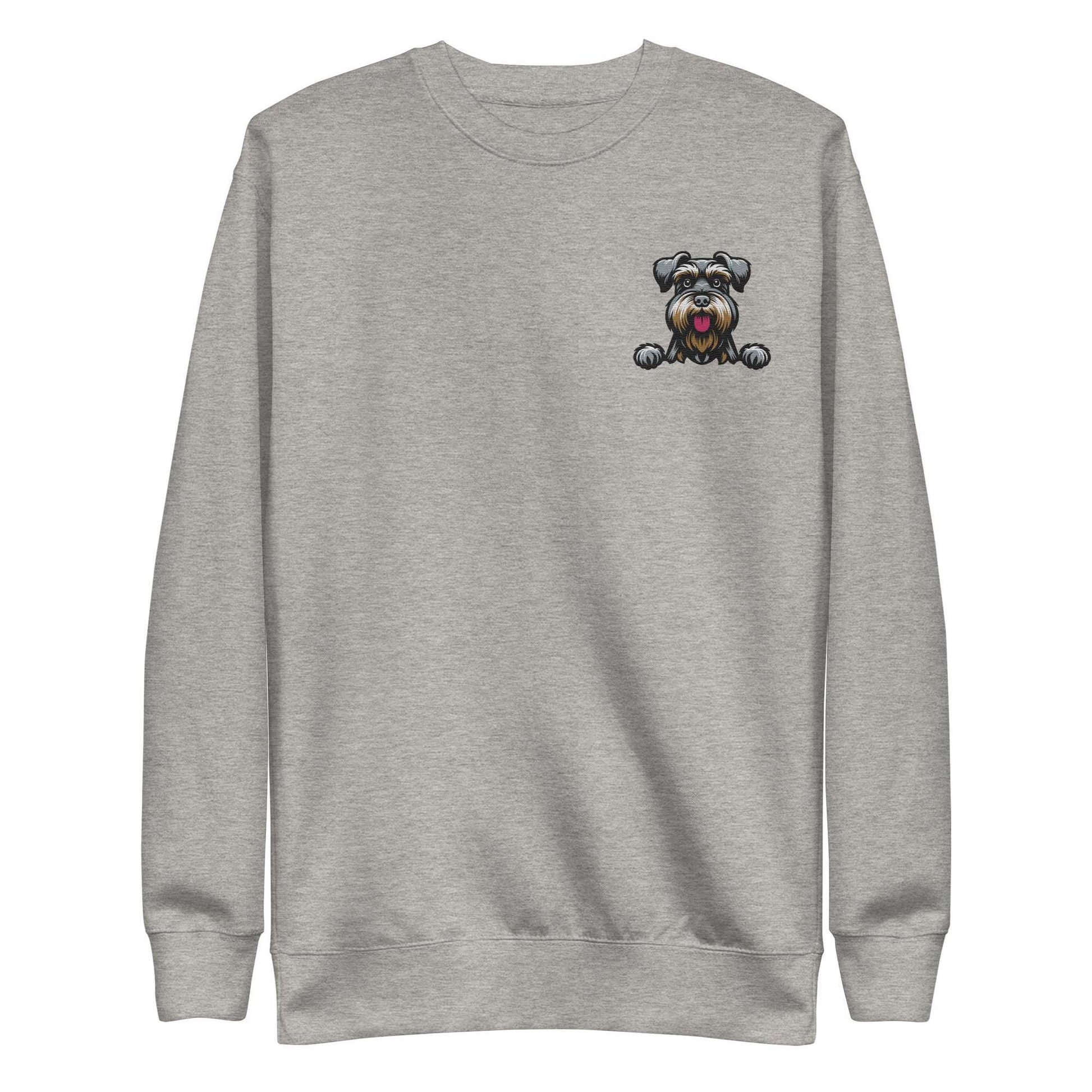 Gray unisex sweatshirt with small embroidered Schnauzer dog design on chest, soft fabric, and ribbed crew neck.