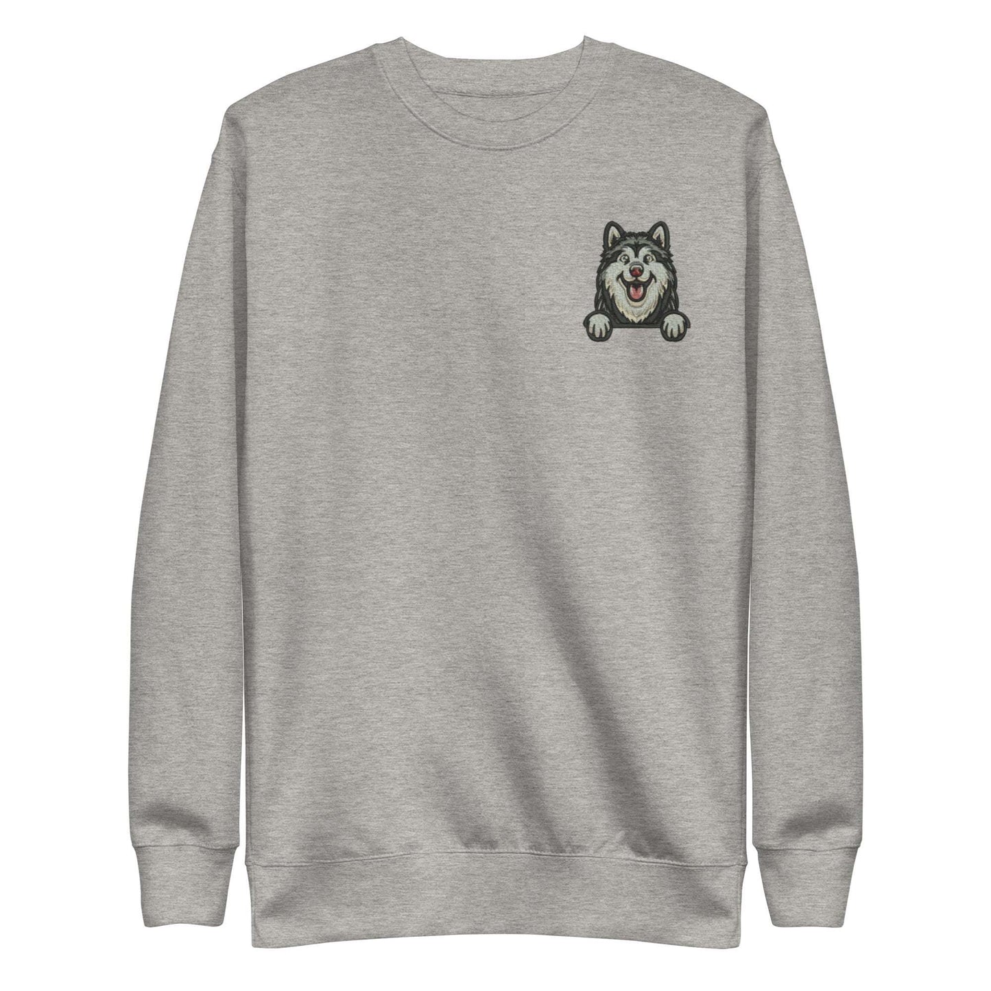 Grey unisex sweatshirt with embroidered husky dog face on chest, premium soft fabric and classic crew neck design