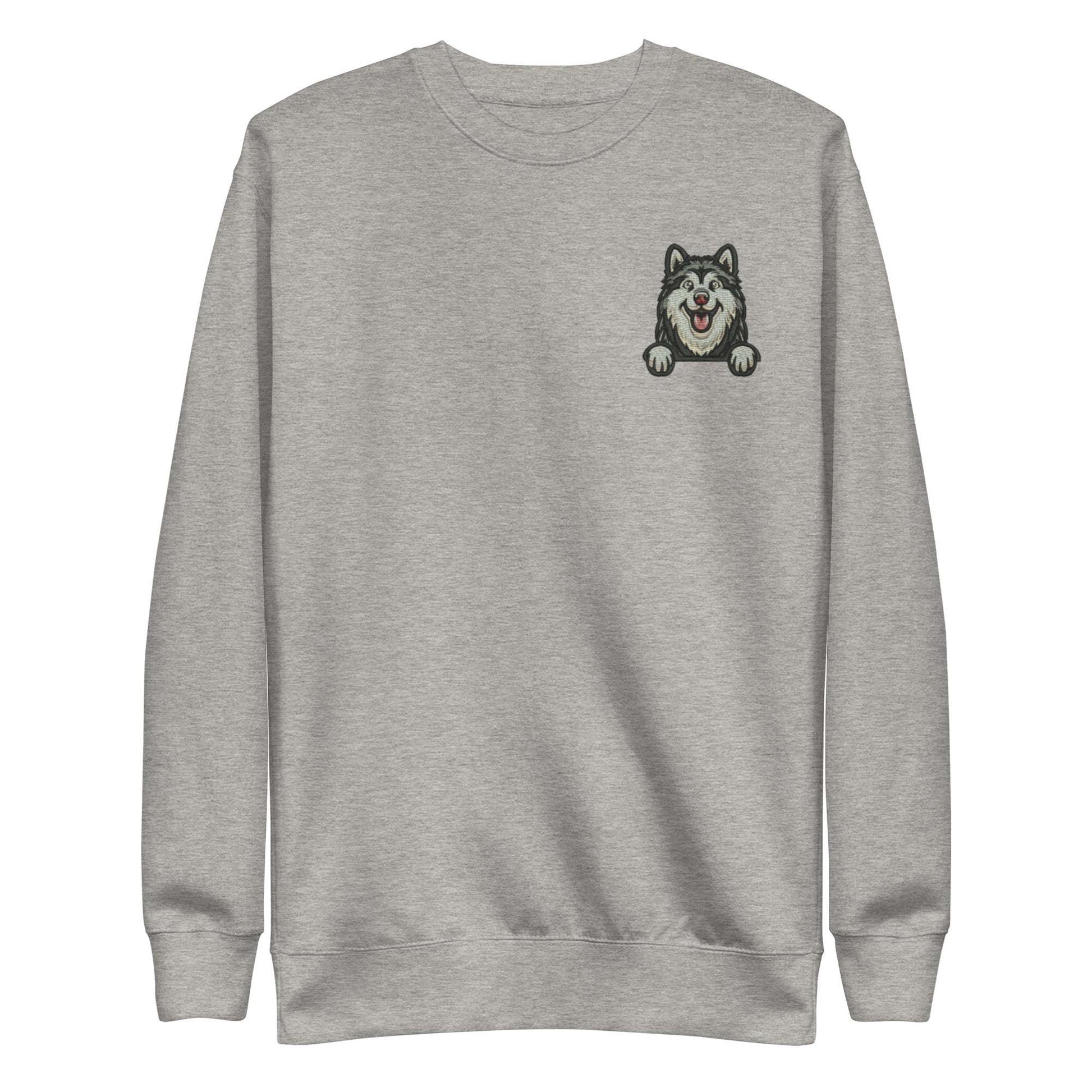 Grey unisex sweatshirt with embroidered husky dog face on chest, premium soft fabric and classic crew neck design