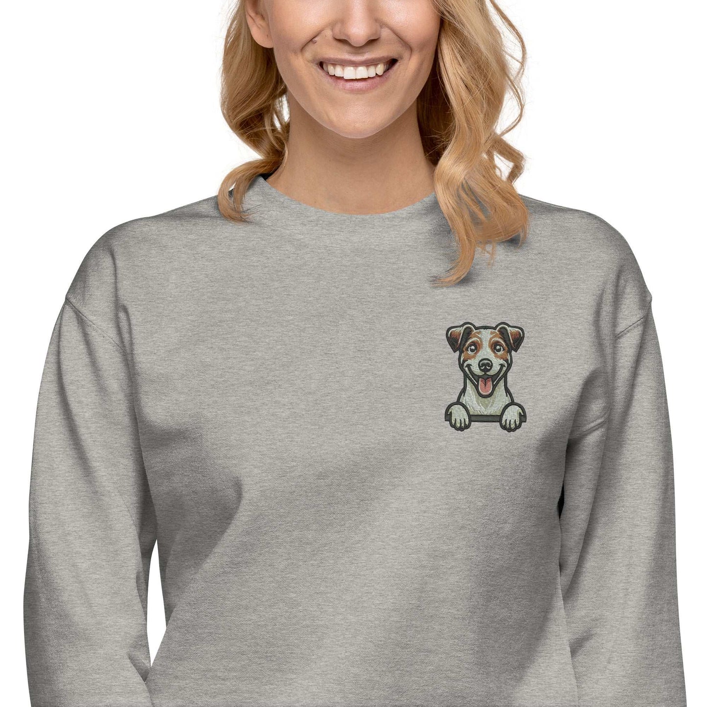 Unisex grey sweatshirt with embroidered playful Jack Russell dog on chest, made of soft cotton-polyester blend fabric.