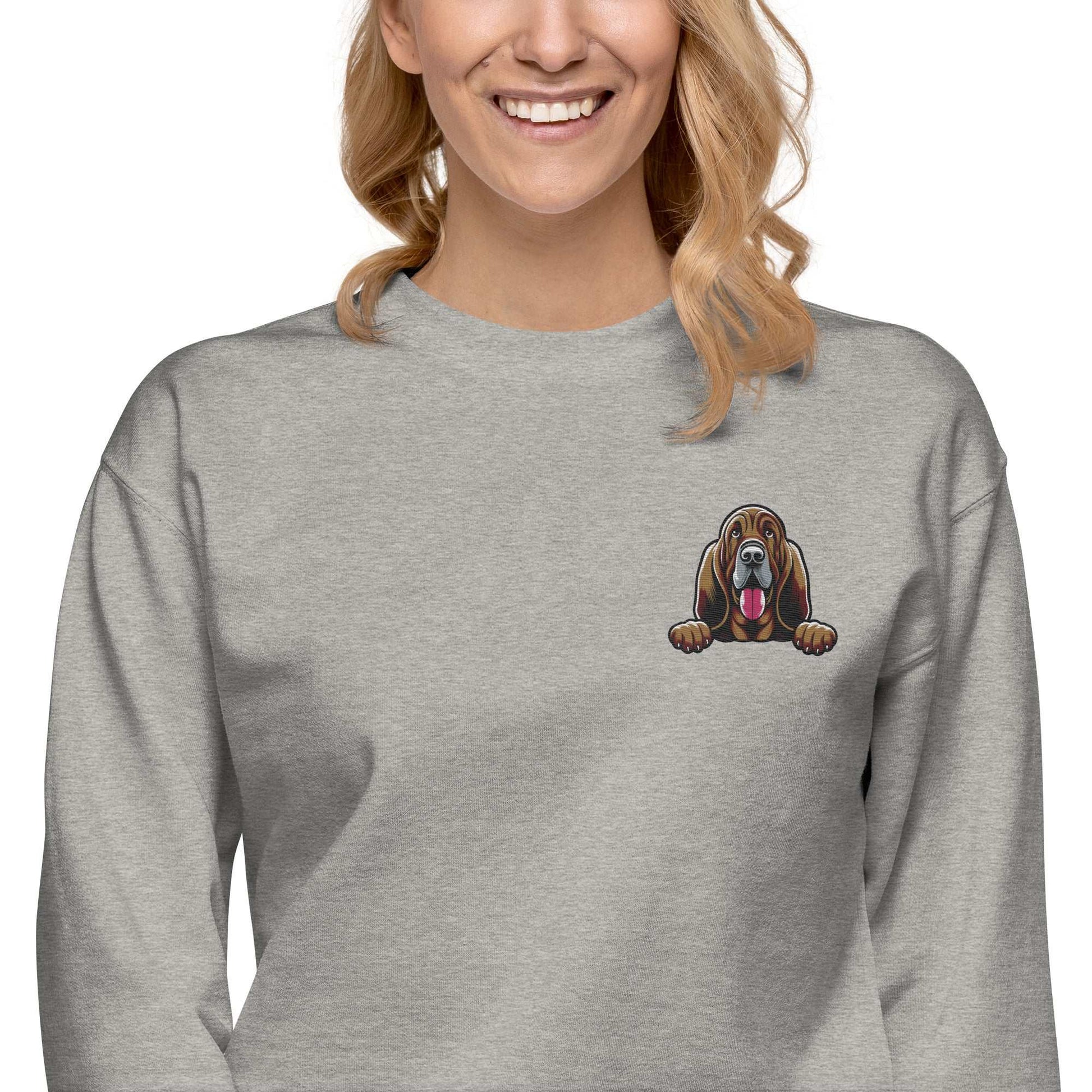 Unisex grey sweatshirt with detailed embroidered Bloodhound dog design on chest, featuring ultra-soft fabric and cozy fleece interior.