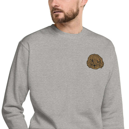 Unisex grey sweatshirt with detailed brown poodle embroidery on chest, made from soft cotton-polyester blend fabric.