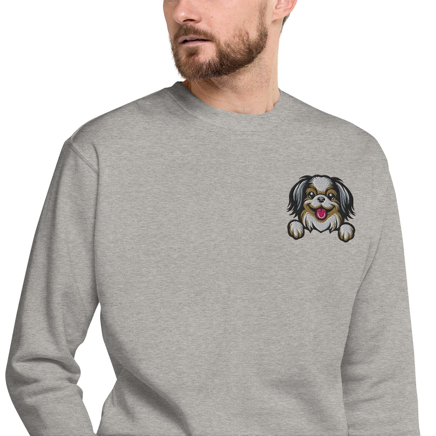 Gray unisex sweatshirt featuring embroidered Japanese Chin dog face on chest with ribbed crew neck and cuffs.