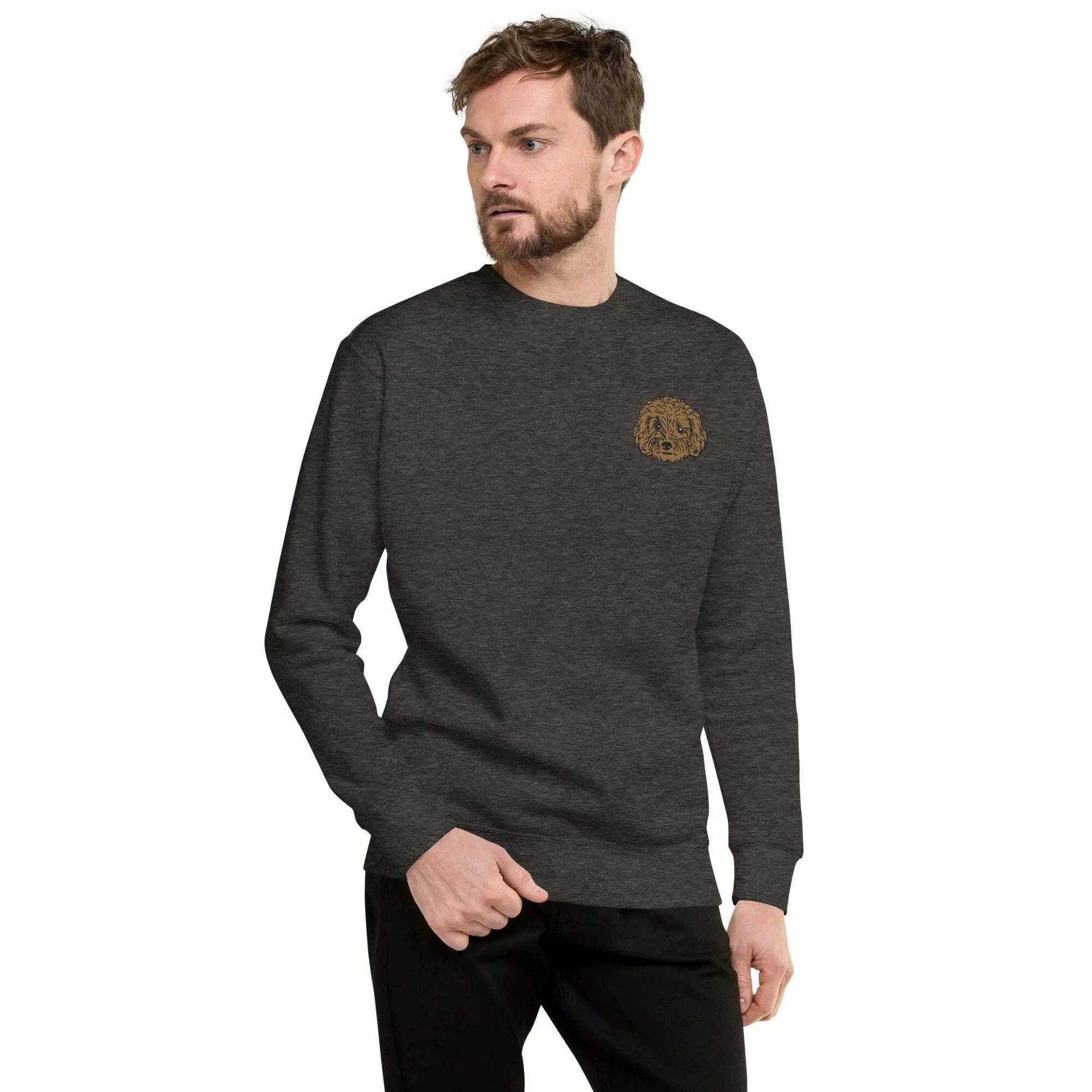 Unisex charcoal sweatshirt with intricate poodle embroidery on chest, made of soft cotton-polyester blend.