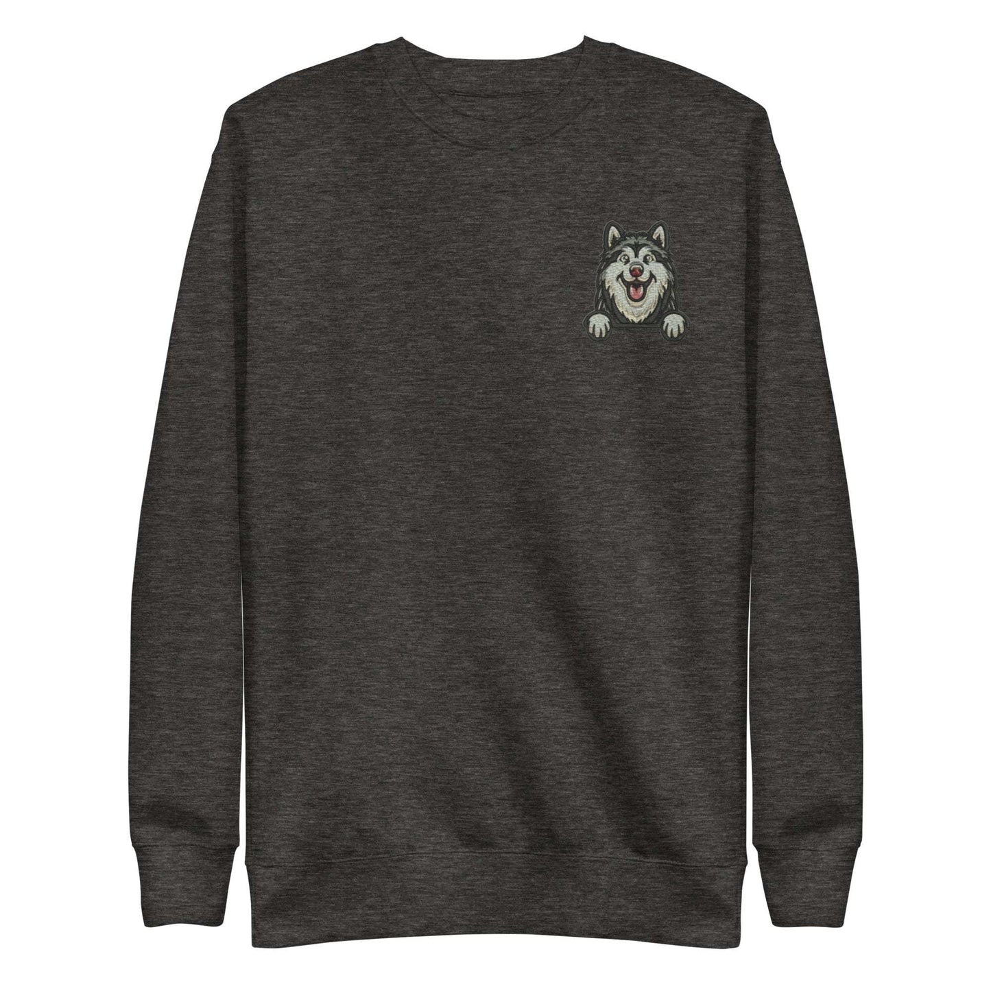 Unisex charcoal sweatshirt with embroidered smiling husky dog on chest, soft cotton blend fabric, ribbed cuffs and hem