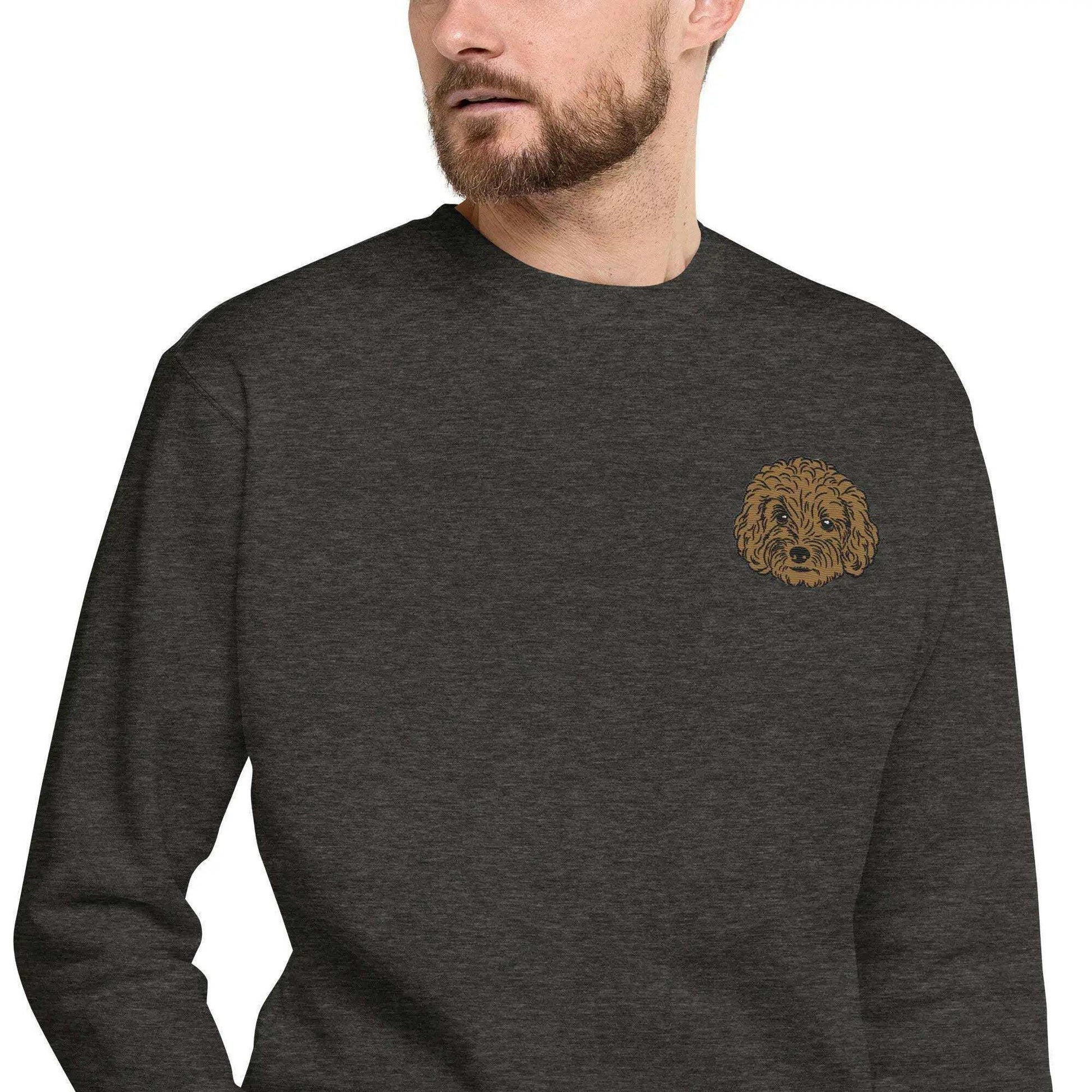 Unisex charcoal sweatshirt with detailed brown poodle embroidery on chest