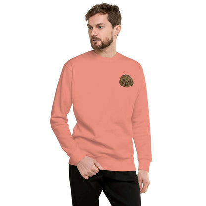 Unisex coral sweatshirt with detailed brown poodle embroidery on chest, made from soft cotton-polyester blend fabric