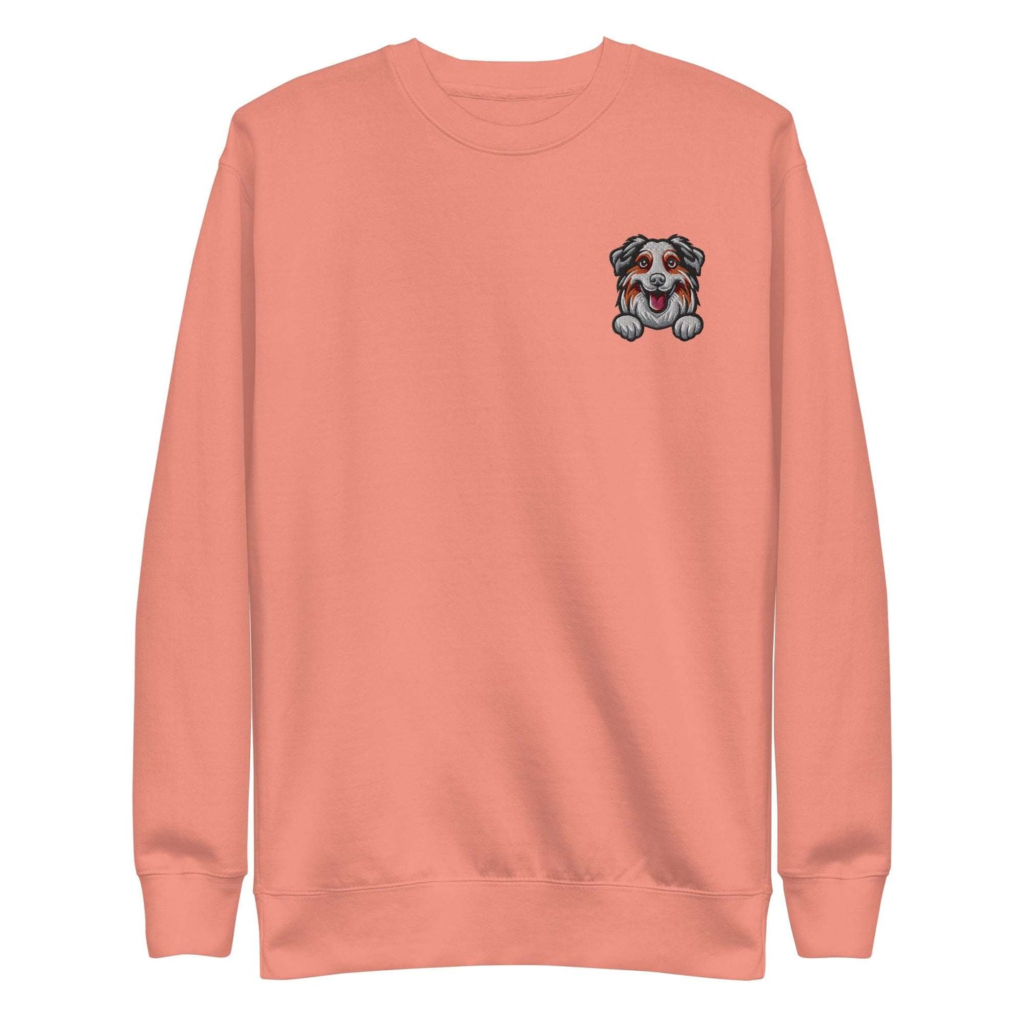 Unisex coral sweatshirt with embroidered Australian Shepherd dog face on chest