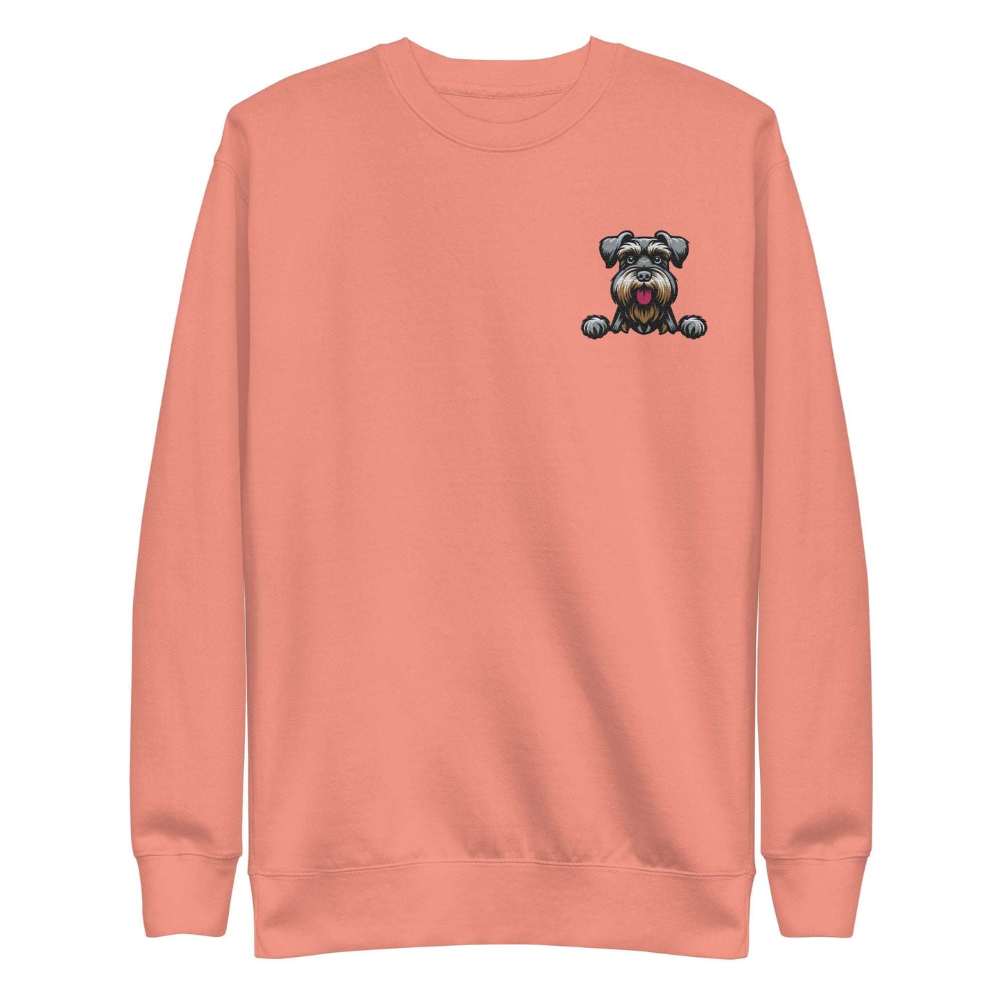 Coral unisex sweatshirt with embroidered Schnauzer dog on chest, soft cotton blend fabric