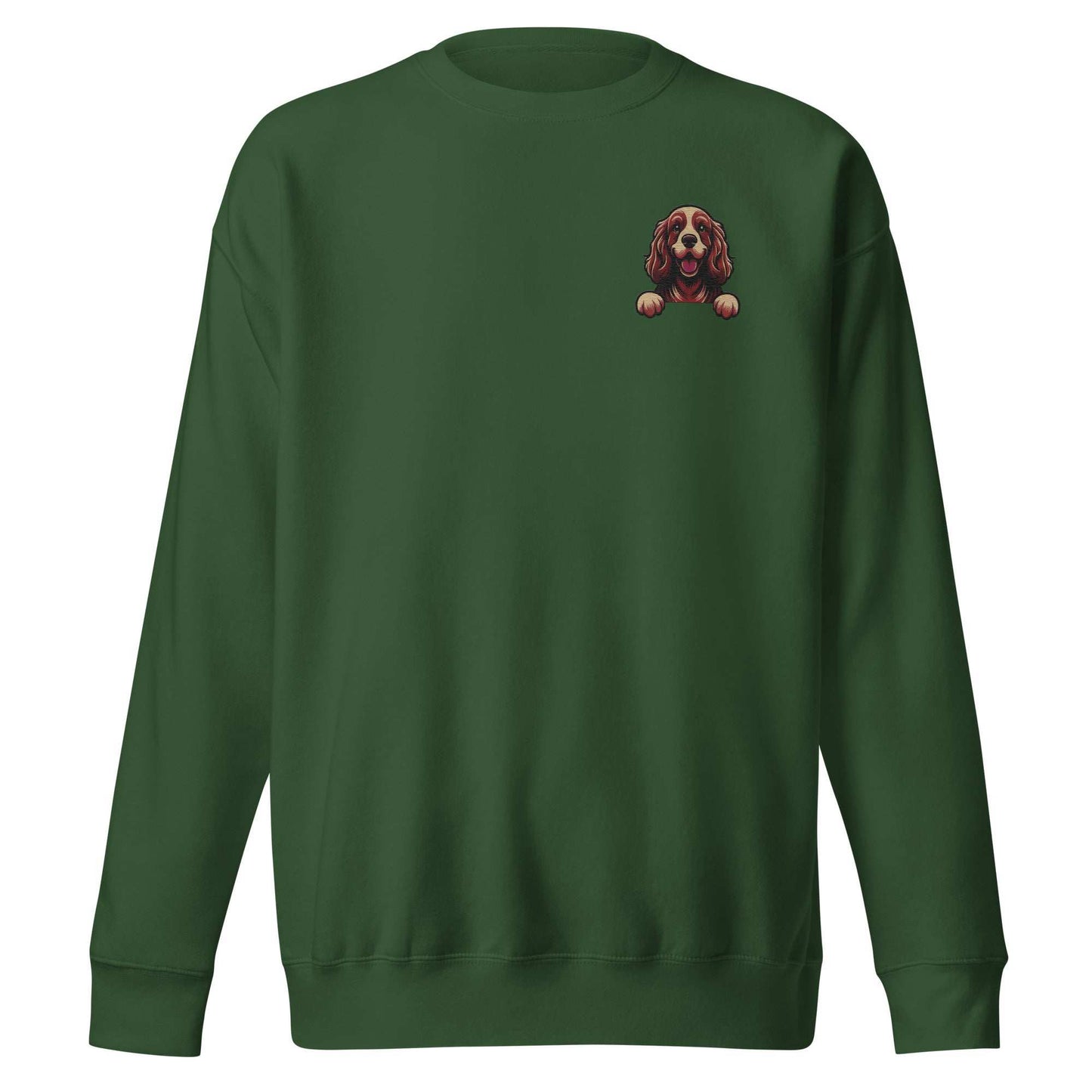 Green unisex sweatshirt with detailed embroidered Cocker Spaniel dog design on chest, made of soft cotton-polyester blend for comfort and warmth.