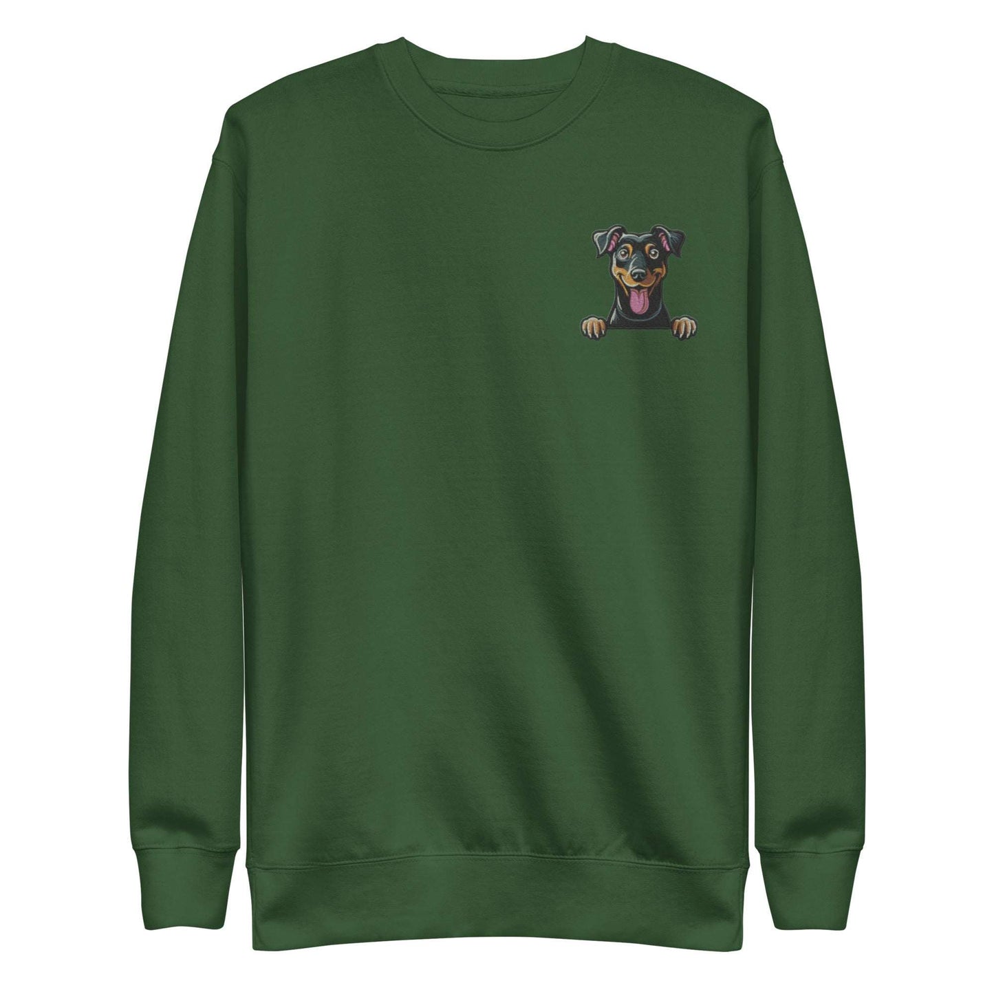 Green unisex sweatshirt with embroidered playful Manchester Terrier dog design on chest, premium soft fabric and classic fit