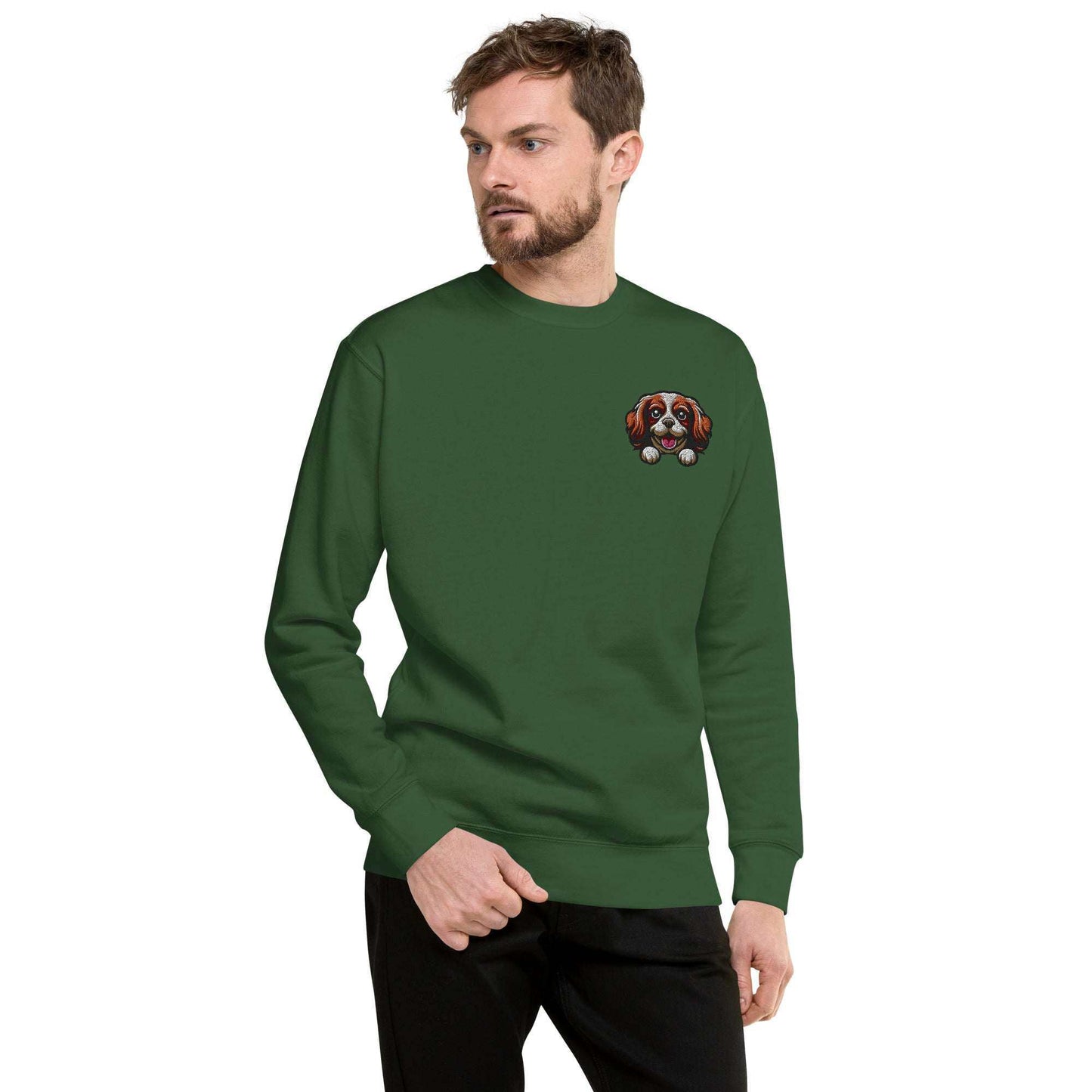 Unisex green sweatshirt featuring embroidered Cavalier King Charles Spaniel dog face on chest, made from soft cotton blend fabric.